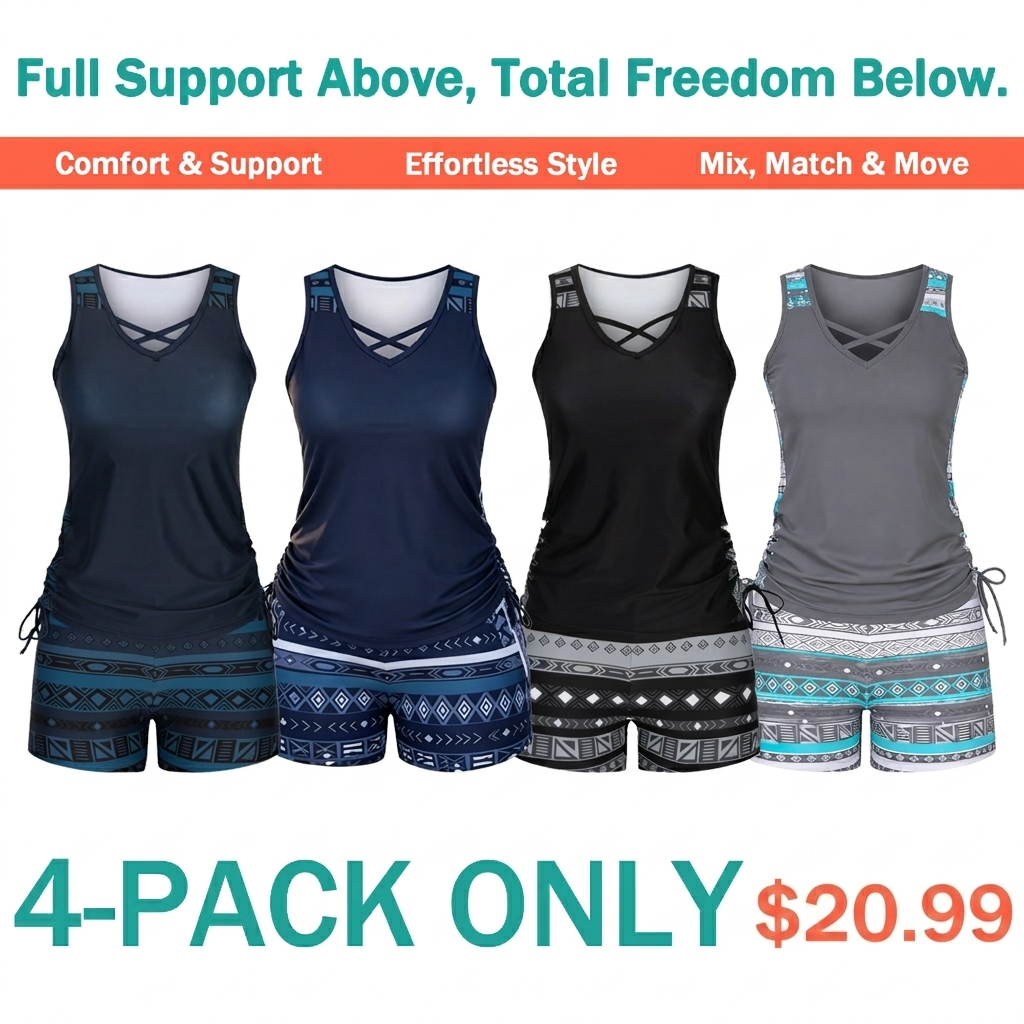 ⏰LAST DAY 90% OFF - Women's 2-Piece Tummy Control Tankini Set with Built-In Bra – Flattering Boho Swimwear with Shorts