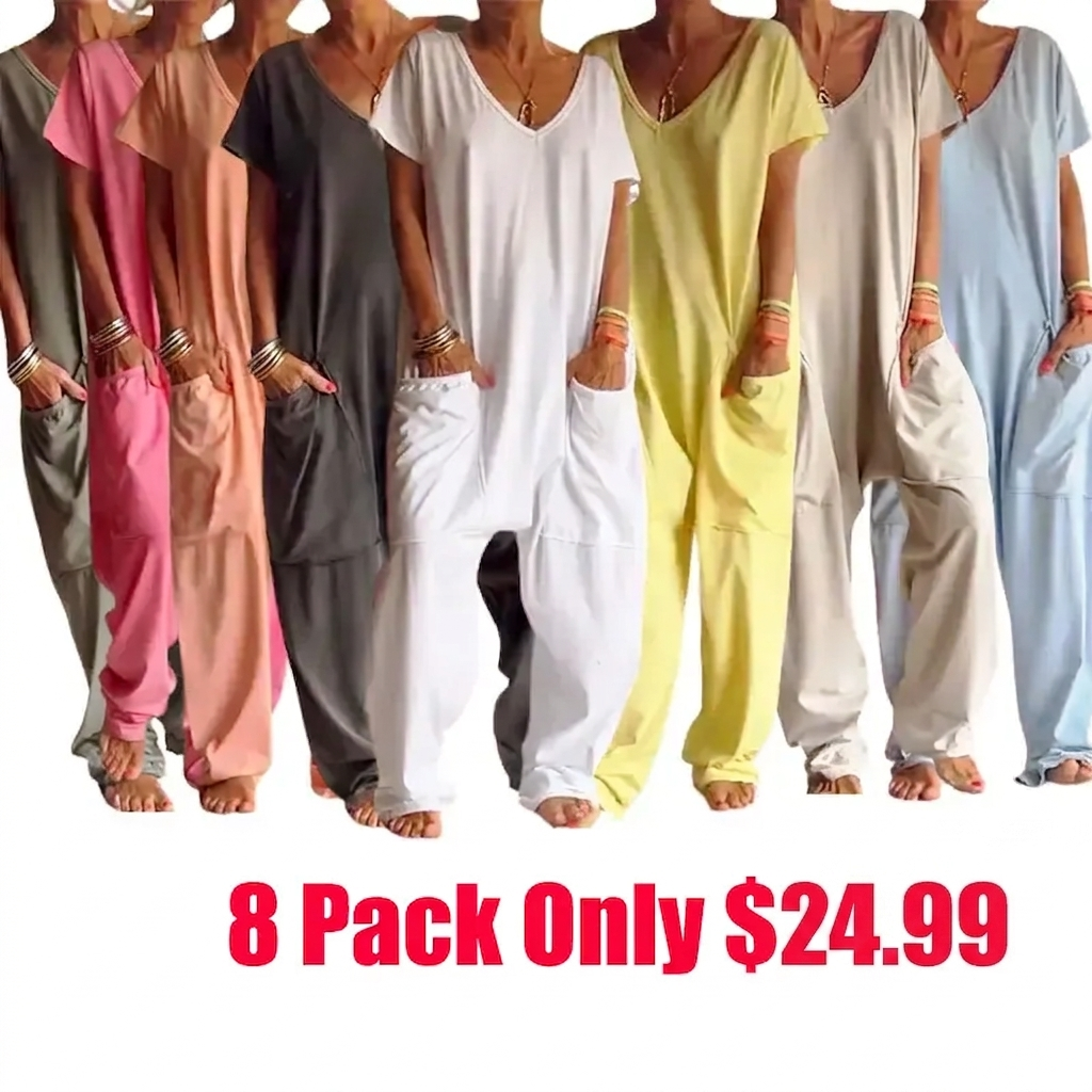 Casual V-neck Solid Color Jumpsuit