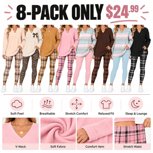 Women's 2-Piece Lounge Set – Long Sleeve Top & Plaid Leggings