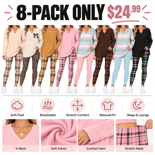 Women's 2-Piece Lounge Set – Long Sleeve Top & Plaid Leggings