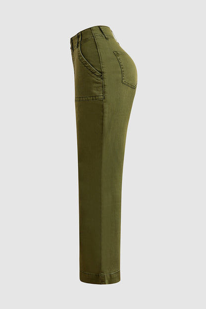 Double Button Mid Waist Straight Leg Pants