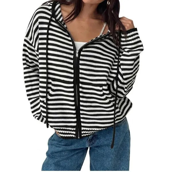🔥Womens Striped Zip Up Hoodie Long Sleeve Cardigan Sweatshirts Oversized Crop Sweaters Jackets Y2K Fall Outfits🔥