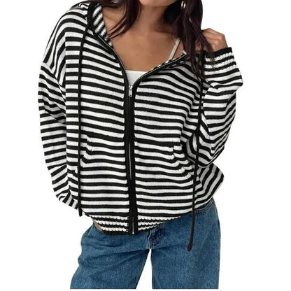 🔥Womens Striped Zip Up Hoodie Long Sleeve Cardigan Sweatshirts Oversized Crop Sweaters Jackets Y2K Fall Outfits🔥
