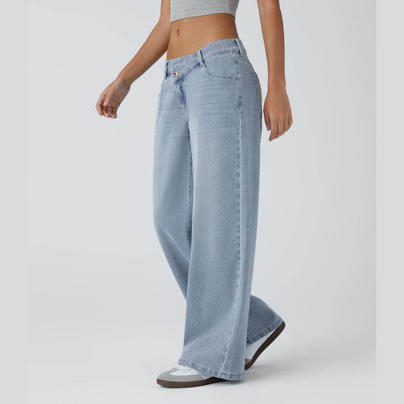 💝 Last Day Deal⏰ Flex Low-Rise Asymmetric Baggy Wide-Leg Washed Jeans with Zipper Pockets