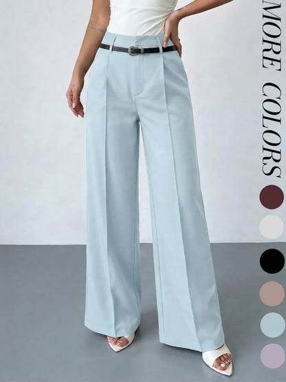 Women's Elastic Waist Solid Color Zipper Button Pocket Wide Leg Trouser Pants