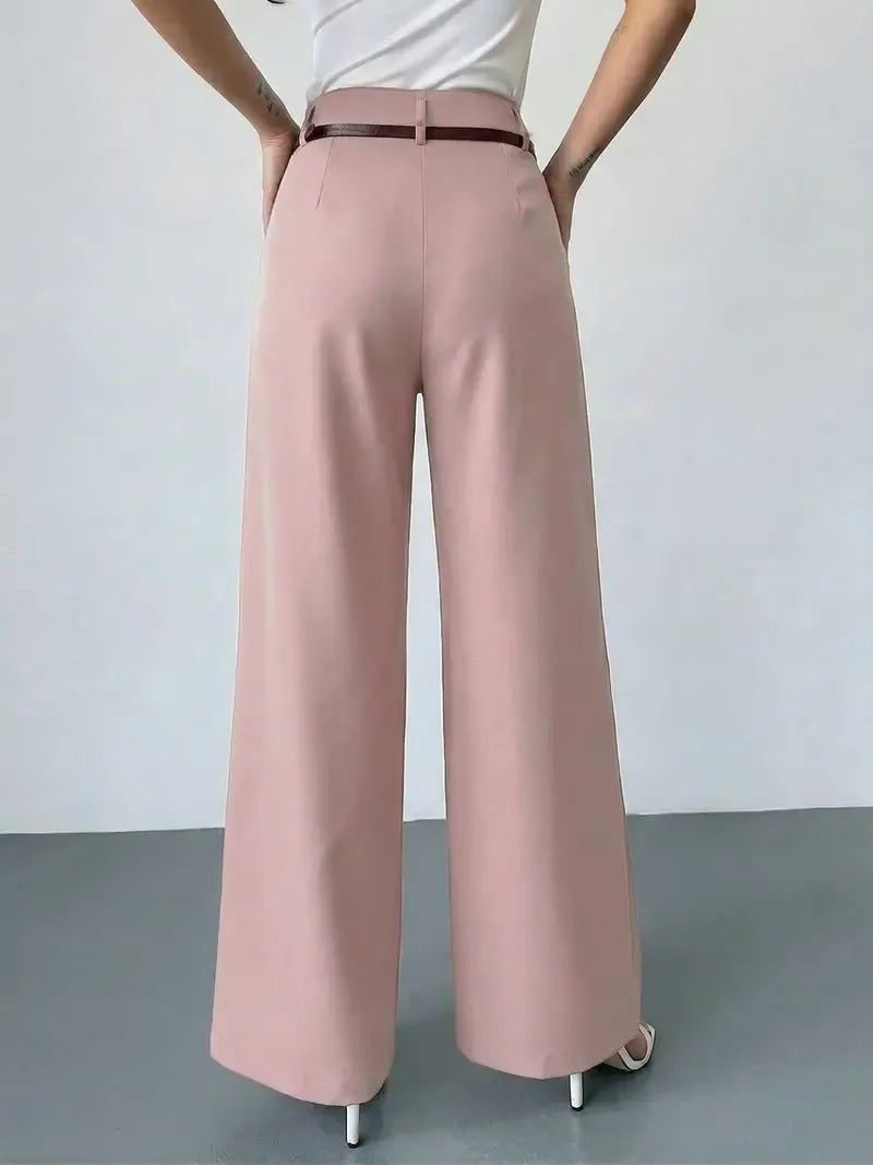 Women's Elastic Waist Solid Color Zipper Button Pocket Wide Leg Trouser Pants