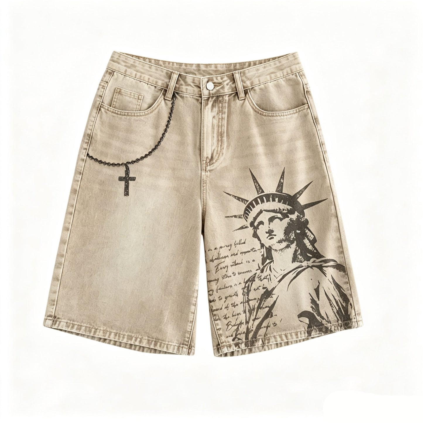 American Style Statue of Liberty Print Summer Retro Denim Jeans Shorts