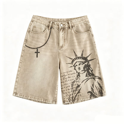 American Style Statue of Liberty Print Summer Retro Denim Jeans Shorts