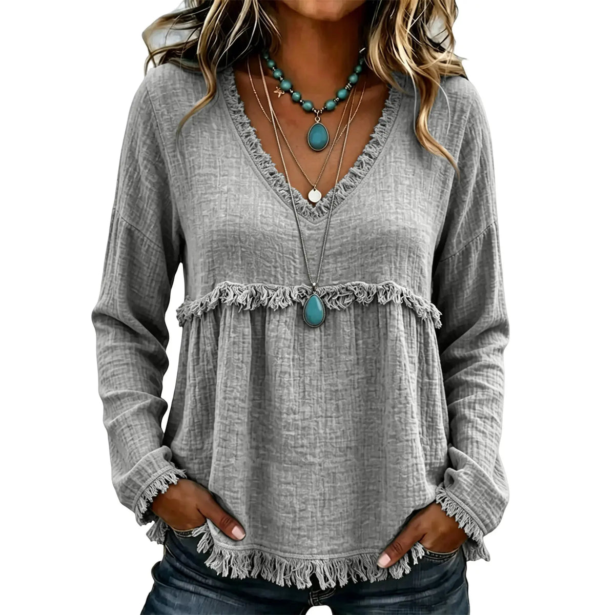 Women’s Boho V Neck Long Sleeve Fringe Top Plus Size