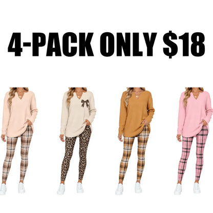 Women's 2-Piece Lounge Set – Long Sleeve Top & Plaid Leggings