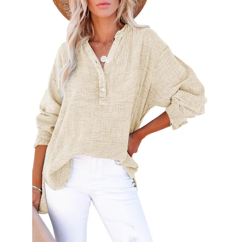 🔔Last Few Hours – Act Fast ! Womens Casual Button V Neck Long Sleeve Shirts Oversized Solid Blouses Tops