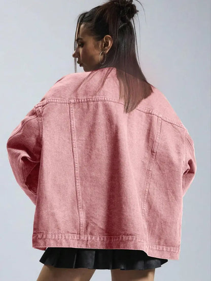 Women's Plain Basic Button-Front Drop-Shoulder Fitted Denim Jacket Coats, Casual Long-Sleeve Collared Pocket Outerwear for Daily Wear, Aesthetic Womenswear