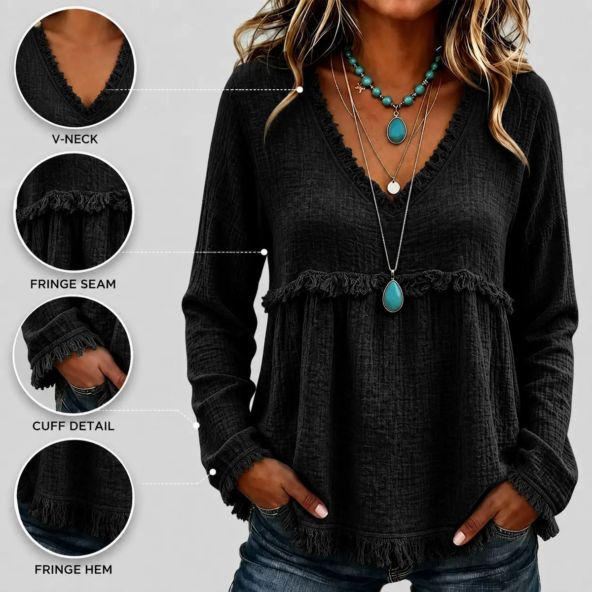 Women’s Boho V Neck Long Sleeve Fringe Top Plus Size