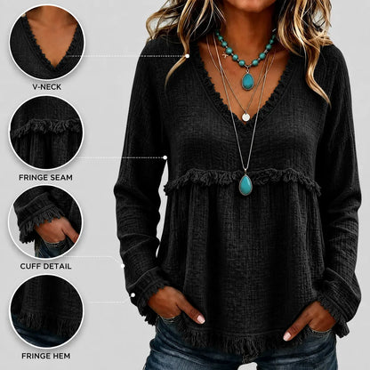 Women’s Boho V Neck Long Sleeve Fringe Top Plus Size