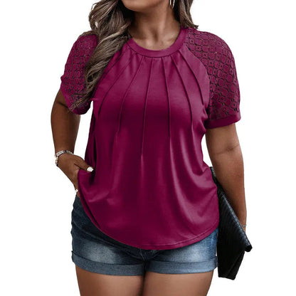 Eytino Plus Size Tops for Women Summer Lace Short Sleeve Crewneck Loose Casual Blouse Tunic T Shirts(1X-5X)