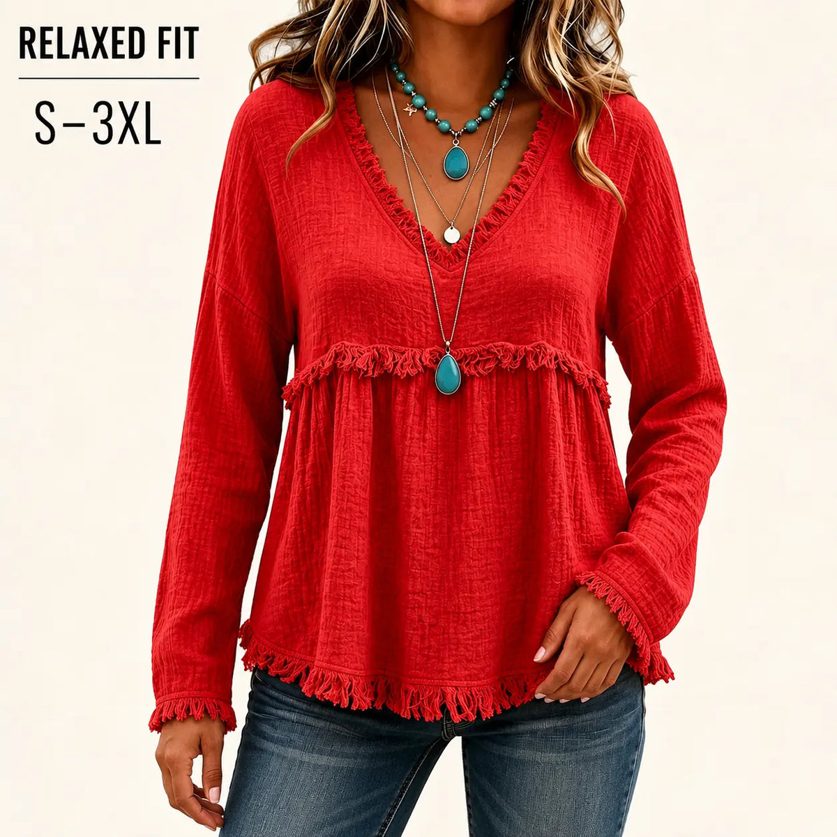 Women’s Boho V Neck Long Sleeve Fringe Top Plus Size