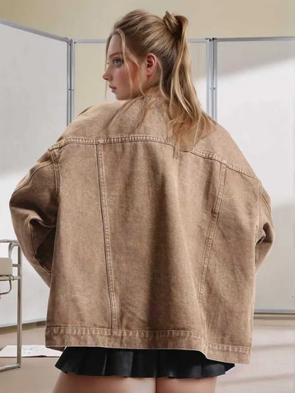 Women's Plain Basic Button-Front Drop-Shoulder Fitted Denim Jacket Coats, Casual Long-Sleeve Collared Pocket Outerwear for Daily Wear, Aesthetic Womenswear