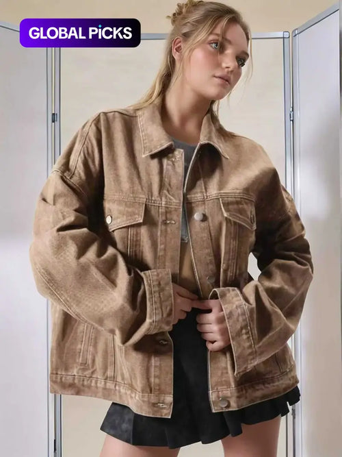 Women's Plain Basic Button-Front Drop-Shoulder Fitted Denim Jacket Coats, Casual Long-Sleeve Collared Pocket Outerwear for Daily Wear, Aesthetic Womenswear