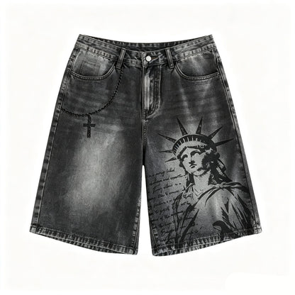 American Style Statue of Liberty Print Summer Retro Denim Jeans Shorts