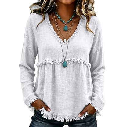 Women’s Boho V Neck Long Sleeve Fringe Top Plus Size