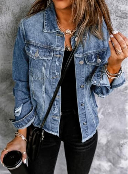 🔥Last day promotion⏰—Womens Washed Crop Denim Jacket With Pockets