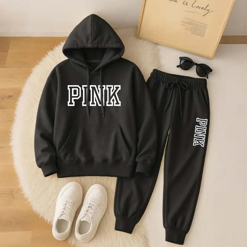 Women's Printed Hooded Sweatshirt And Drawstring Sweatpants Set