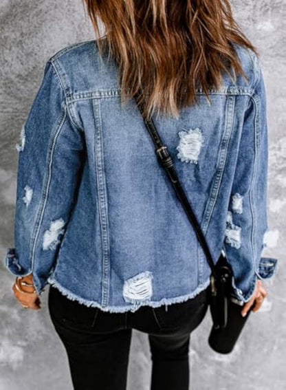 🔥Last day promotion⏰—Womens Washed Crop Denim Jacket With Pockets