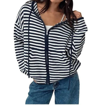 🔥Womens Striped Zip Up Hoodie Long Sleeve Cardigan Sweatshirts Oversized Crop Sweaters Jackets Y2K Fall Outfits🔥