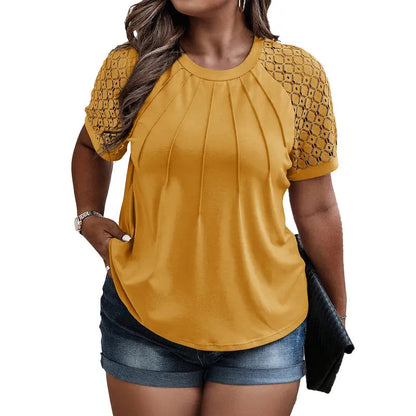 Eytino Plus Size Tops for Women Summer Lace Short Sleeve Crewneck Loose Casual Blouse Tunic T Shirts(1X-5X)