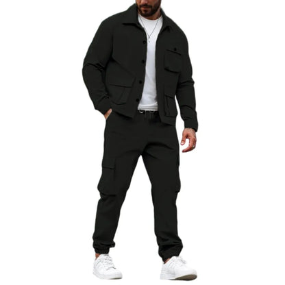 Men's Solid Color Pocket Button Front Shirt & Pants Two-Piece Set