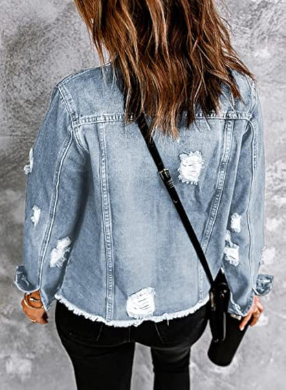 🔥Last day promotion⏰—Womens Washed Crop Denim Jacket With Pockets