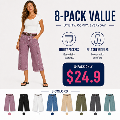 🔥Flash Sale⚡Stitch Detail Side Pocket Mid Waist Straight Leg Capri Pants