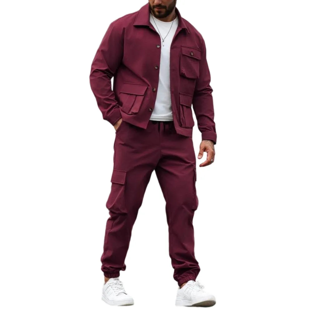 Men's Solid Color Pocket Button Front Shirt & Pants Two-Piece Set