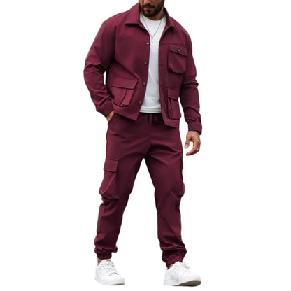 Men's Solid Color Pocket Button Front Shirt & Pants Two-Piece Set