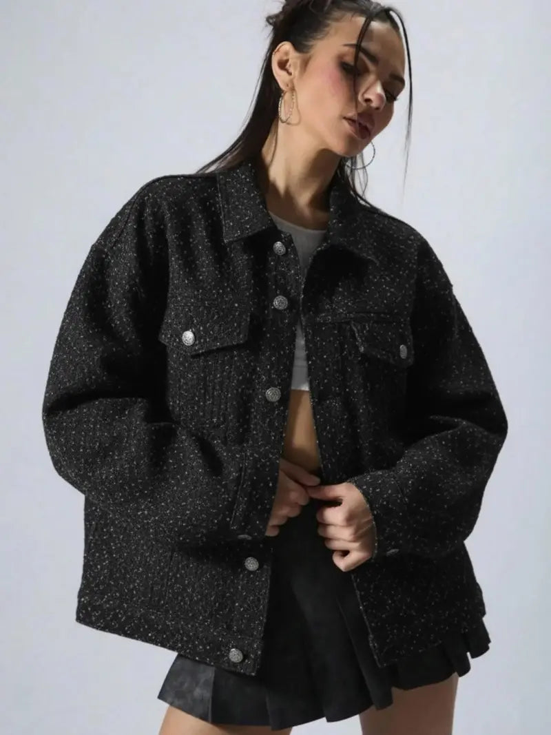 Women's Plain Basic Button-Front Drop-Shoulder Fitted Denim Jacket Coats, Casual Long-Sleeve Collared Pocket Outerwear for Daily Wear, Aesthetic Womenswear