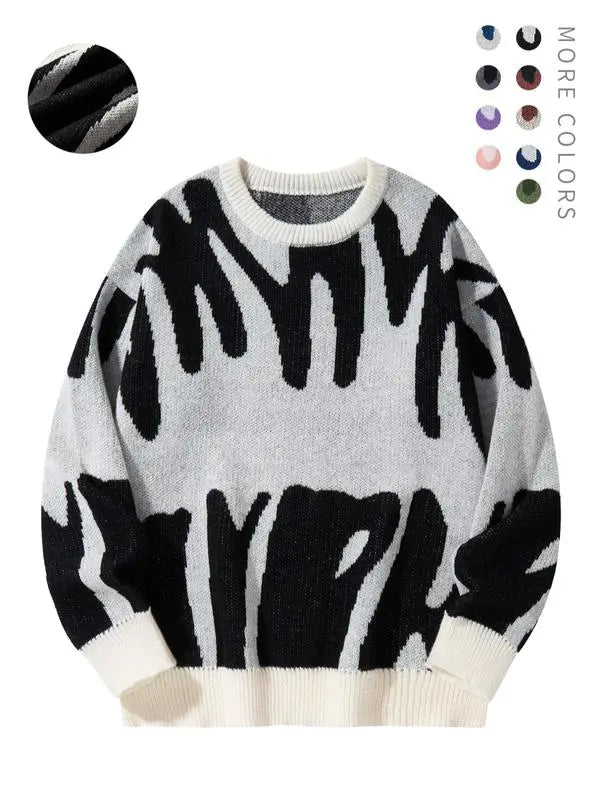 Unisex Men's Round Neck Drop Shoulder Hip Hop Sweater, Regular Fit All Over Print Long Sleeve Knitting Pullover, Drippy Outfits, Going Out Outfit