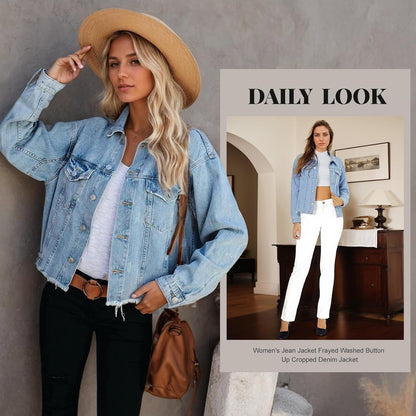 🔥Last day promotion⏰—Womens Washed Crop Denim Jacket With Pockets