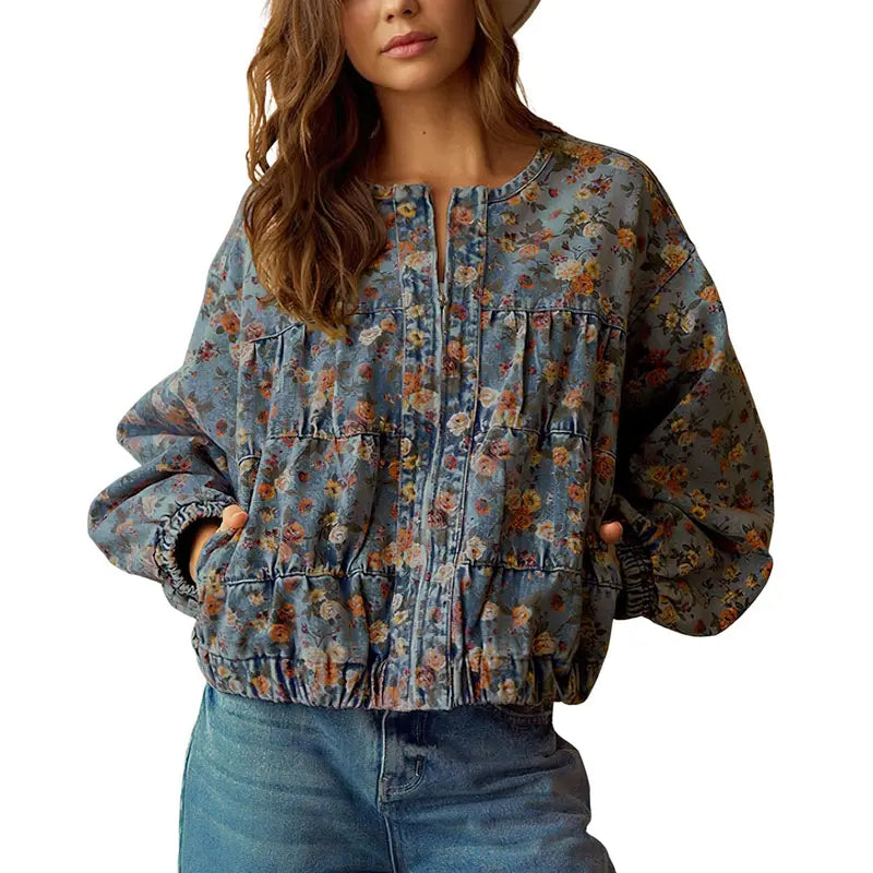 Women's Spring & Autumn Floral Denim Jacket  Casual Loose Short Coat with Pockets