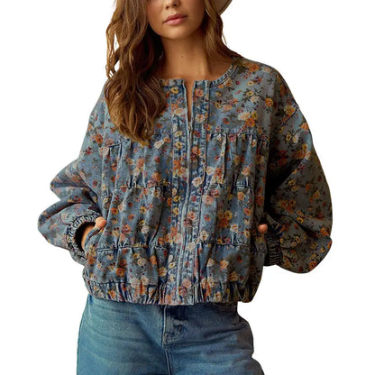 Women's Spring & Autumn Floral Denim Jacket  Casual Loose Short Coat with Pockets