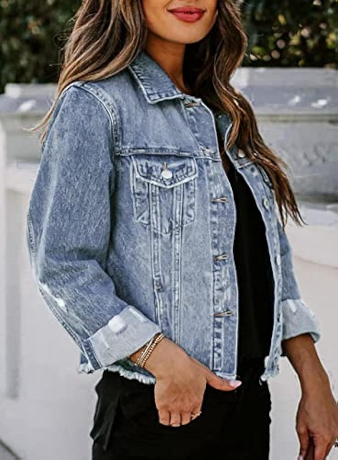 🔥Last day promotion⏰—Womens Washed Crop Denim Jacket With Pockets
