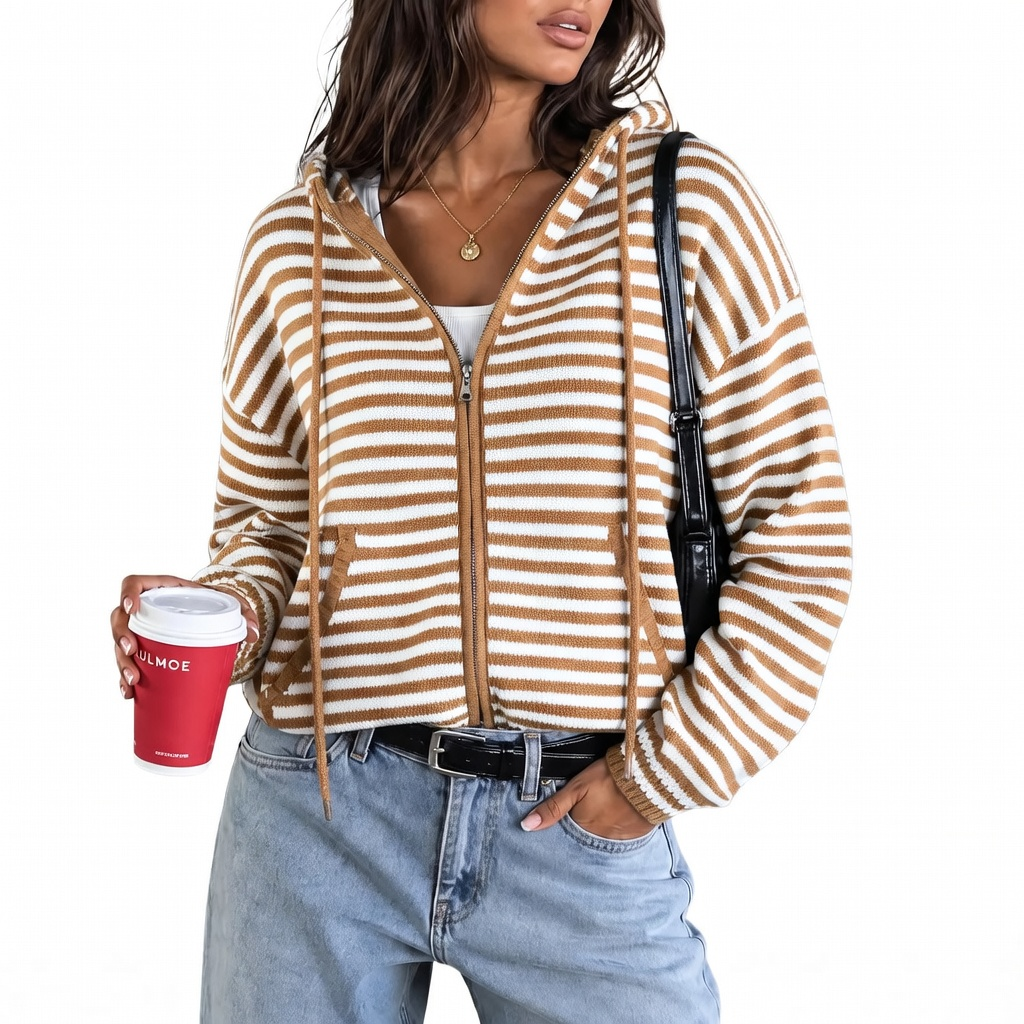 🔥Womens Striped Zip Up Hoodie Long Sleeve Cardigan Sweatshirts Oversized Crop Sweaters Jackets Y2K Fall Outfits🔥