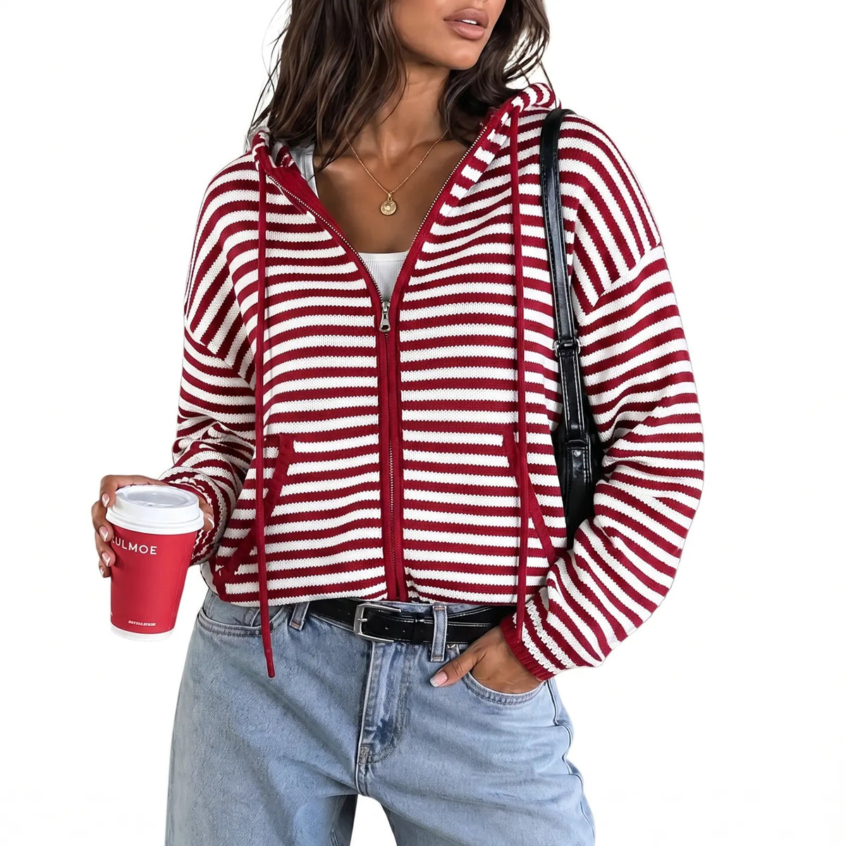🔥Womens Striped Zip Up Hoodie Long Sleeve Cardigan Sweatshirts Oversized Crop Sweaters Jackets Y2K Fall Outfits🔥