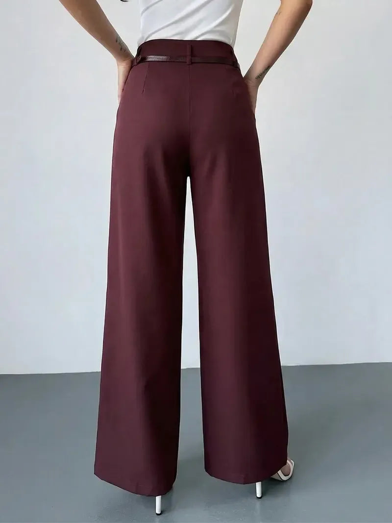 Women's Elastic Waist Solid Color Zipper Button Pocket Wide Leg Trouser Pants
