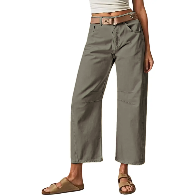 💝Last Day Promotion⚡- Solid Stitch Detail Mid Waist Crop Baby Barrel Pants