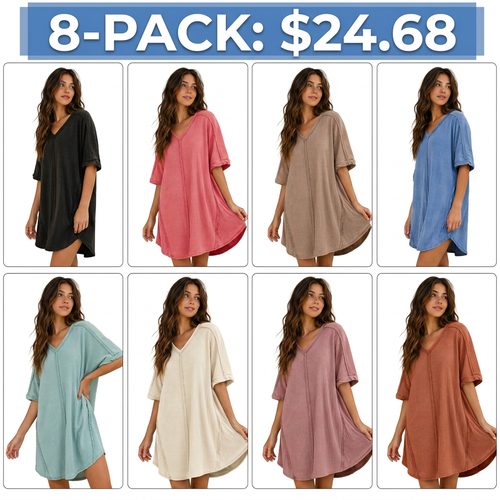 🚨Ends at Midnight ! – Women 's Acid-Washed V-Neck Casual Dressbed