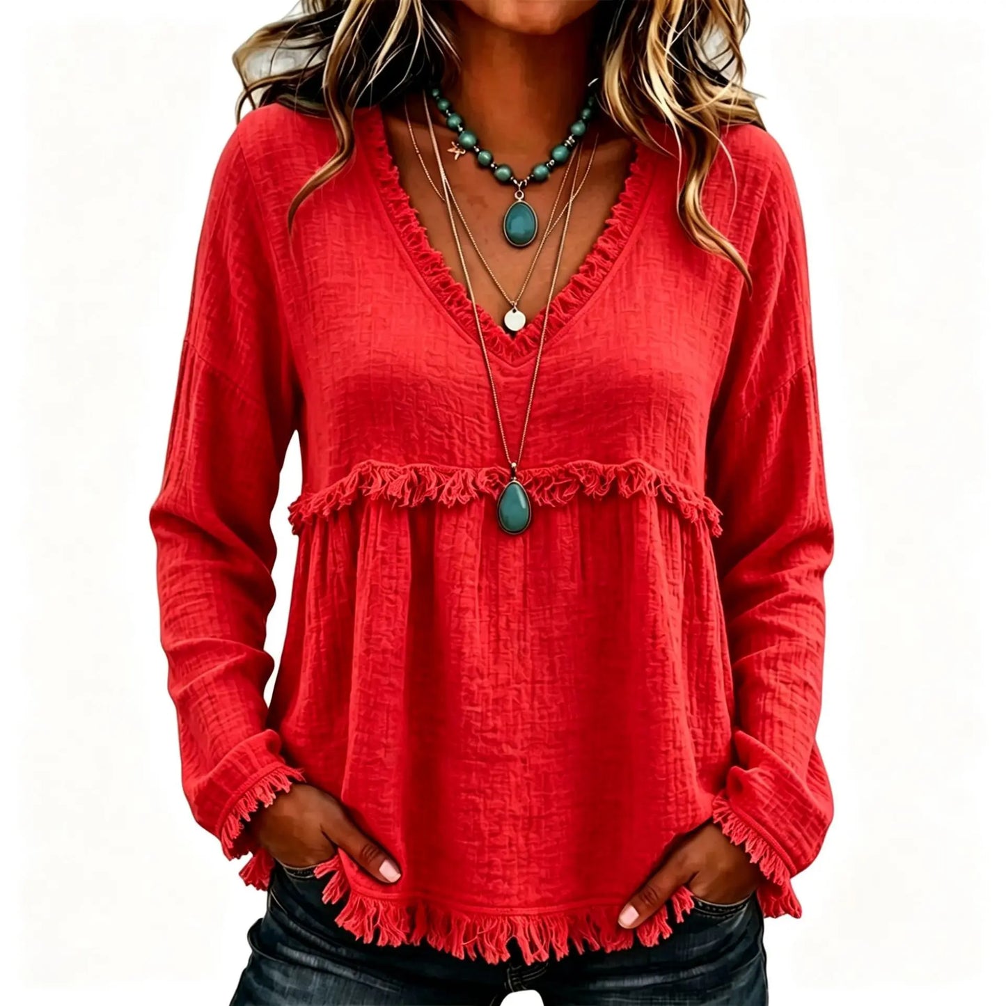 Women’s Boho V Neck Long Sleeve Fringe Top Plus Size
