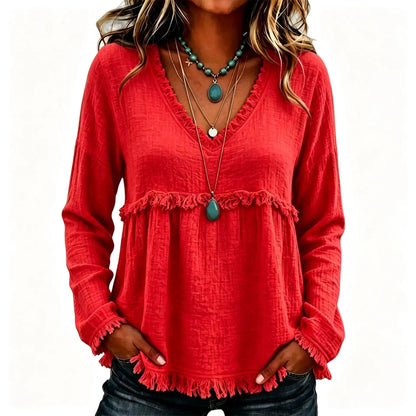 Women’s Boho V Neck Long Sleeve Fringe Top Plus Size