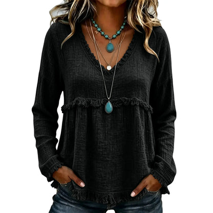 Women’s Boho V Neck Long Sleeve Fringe Top Plus Size