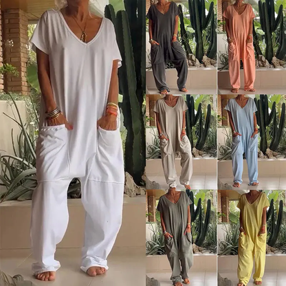 Casual V-neck Solid Color Jumpsuit