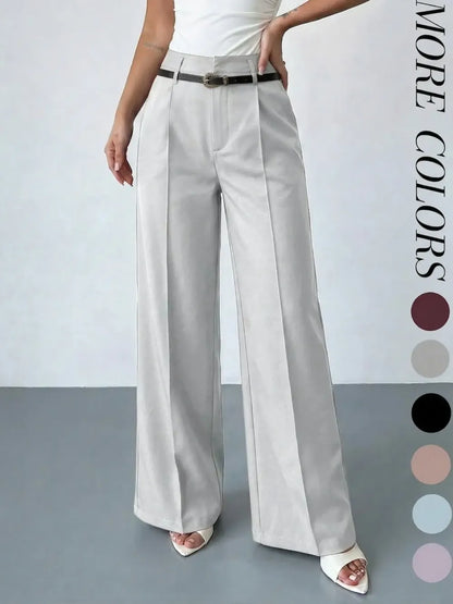 Women's Elastic Waist Solid Color Zipper Button Pocket Wide Leg Trouser Pants